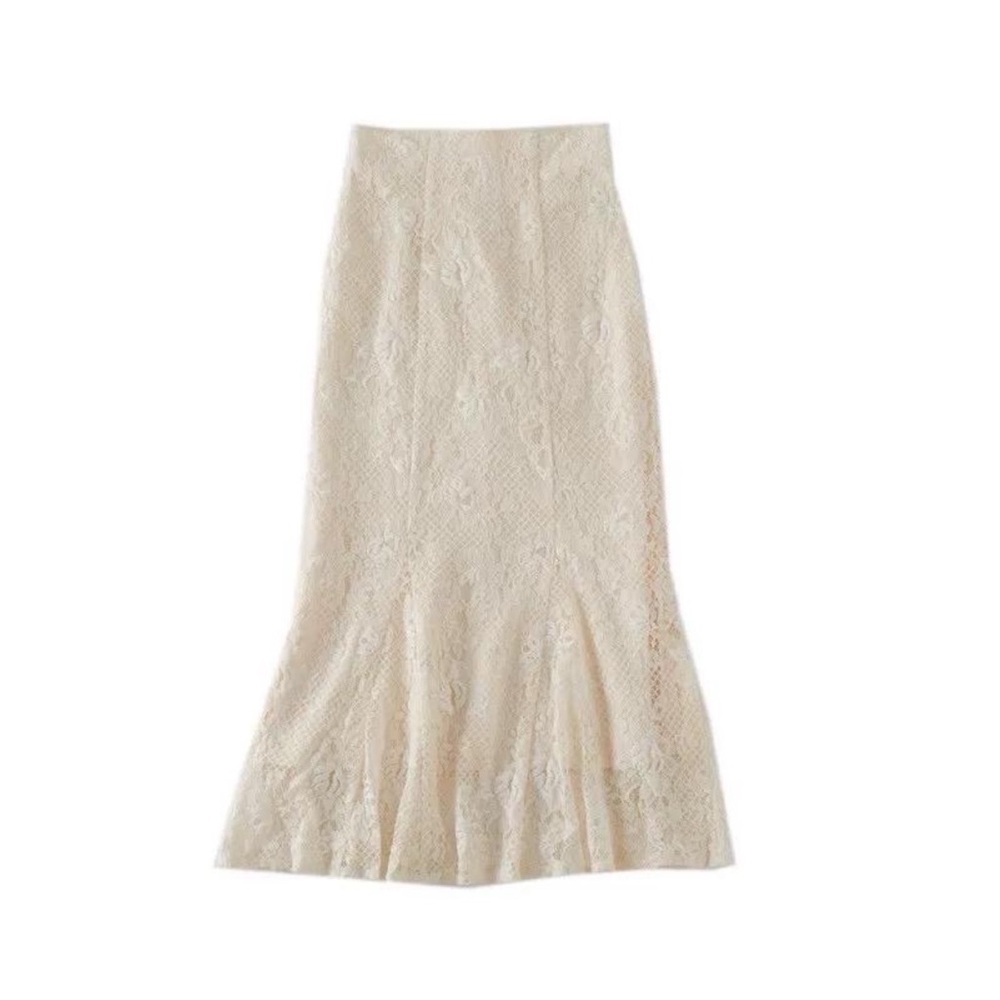 Japanese Kawaii Y2K Cottagecore Cream Lace Mermaid Flare Maxi Skirt